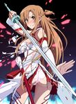  armor armored_dress ass asuna_(sao) bad_anatomy bare_shoulders blush bra breastplate broken_armor brown_eyes brown_hair clenched_teeth commentary_request cowboy_shot detached_sleeves dress highres ishii_takamori long_hair looking_at_viewer nose_blush panties pink_bra pink_panties rapier solo sword sword_art_online teeth thighhighs torn_clothes torn_dress torn_panties underwear weapon white_legwear 