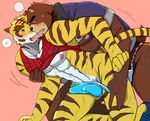  2016 abs anthro bear bearlovestiger13 biceps boxer_briefs bulge clothed clothing duo erection eyewear feline fur jacket juuichi_mikazuki kissing male male/male mammal morenatsu muscular nipples open_mouth pecs pink_background simple_background tiger tongue tongue_out topless torahiko_(morenatsu) underwear underwear_aside underwear_sex 