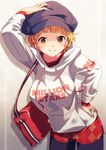  bad_id bad_twitter_id bag black_legwear blonde_hair brown_eyes clothes_writing fukuda_noriko grin hand_on_headwear hand_on_hip handbag hat highres hood hoodie idolmaster idolmaster_million_live! legwear_under_shorts long_sleeves looking_at_viewer narumi_arata pantyhose pantyhose_under_shorts short_hair shorts smile solo 