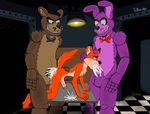  anal anal_penetration animatronic anthro balls bear blue_eyes bonnie_(fnaf) brown_fur canine checkered cum cum_in_ass cum_in_mouth cum_inside fan_character five_nights_at_freddy&#039;s floor fox foxblaster.dae freddy_(fnaf) fur fur_red hi_res lagomorph light machine male male/male mammal office open_mouth oral penetration penis rabbit robot topknot video_games 