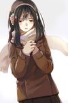  brown_eyes earmuffs highres jacket kimishima_kana kiseijuu long_hair sad scarf sd_pink solo white_background white_scarf 