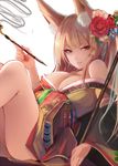  animal_ears bare_shoulders blonde_hair breasts cleavage eyeliner flower fox_ears hair_flower hair_ornament holding holding_pipe japanese_clothes kimono kiseru large_breasts legs_up long_hair looking_at_viewer makeup nail_polish nakaichi_(ridil) off_shoulder original parted_lips pipe red_eyes red_nails short_eyebrows smile smoke solo yuujo 