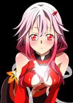  bare_shoulders blush breasts center_opening cleavage commentary_request detached_sleeves elbow_gloves fingerless_gloves gloves guilty_crown hair_ornament hairclip hand_on_own_chest highres looking_at_viewer navel pink_hair red_eyes sarina_(tosiyukiryousuke) solo twintails yuzuriha_inori 