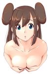  :o bangs blue_eyes breasts brown_hair cleavage collarbone covering covering_breasts double_bun egooo eyebrows eyebrows_visible_through_hair large_breasts long_hair looking_at_viewer mei_(pokemon) nude pokemon pokemon_(game) pokemon_bw2 simple_background solo upper_body white_background 