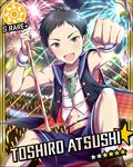  :d atsushi_toushirou bad_id bad_pixiv_id black_hair card_(medium) card_parody character_name cinderella_girls_card_parody clenched_hand fireworks grey_eyes hako_(gyhujikolp) male_focus navel open_mouth sailor_collar shorts smile solo touken_ranbu 