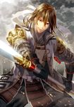  bad_id bad_pixiv_id beard brown_hair cloud facial_hair gloves japanese_clothes long_hair male_focus nakahara_(fukufuku) open_mouth orange_eyes polearm sengoku_taisen solo spear weapon 