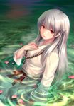  bead_necklace beads highres jewelry light_smile long_hair necklace partially_submerged red_eyes ripples silver_hair solo w_rong 