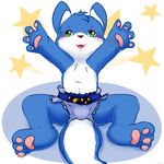  2016 blue_fur blush clothing cub diaper fur green_eyes male maverick navel pawpads smile unknown_species white_fur young 