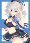  blue_eyes bra breasts cleavage employee_uniform highres kantai_collection kashima_(kantai_collection) lawson medium_breasts open_clothes panties pantyshot salute silver_hair solo tsurime twintails underwear uniform wavy_hair yoshiki360 