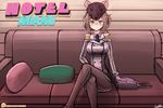  breasts brown_eyes brown_hair brown_legwear copyright_name couch crossed_legs epaulettes hotline_miami kantai_collection katori_(kantai_collection) large_breasts looking_at_viewer lumineko mask mask_on_head military military_uniform mouse_hood on_couch pantyhose parody patreon_logo patreon_username pillow pun richter_(hotline_miami) short_hair sitting solo uniform watermark web_address 