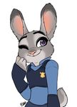  2016 anthro buckteeth clothing digital_media_(artwork) disney female fur grey_fur judy_hopps lagomorph long_ears mammal mixideer one_eye_closed pink_nose police_uniform rabbit simple_background smile solo teeth uniform white_background zootopia 