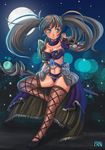  black_footwear blue_eyes blush breasts brown_hair cleavage fingerless_gloves fishnets floating full_body full_moon gem gloves highres lanfanarts leg_up long_hair looking_afar looking_to_the_side medium_breasts moon navel night night_sky outdoors shoes signature sky solo sorcerer_(tree_of_savior) staff standing standing_on_one_leg star_(sky) starry_sky tree_of_savior twintails wizard_(tree_of_savior) 
