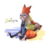  absurd_res anthro barefoot canine clothing cute digital_media_(artwork) dipstick_tail disney duo female fox fur green_eyes grey_fur hi_res judy_hopps lagomorph long_ears male mammal multicolored_tail nick_wilde orange_fur police_uniform purple_eyes rabbit rear_view simple_background sitting smile uniform yukoさん zootopia 