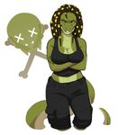  alligator annoyed breasts clothed clothing cosmicminerals crossed_arms dreadlocks female fully_clothed green_body hair hi_res looking_at_viewer reptile scalie sharp_teeth simple_background skull solo standing teeth white_background yellow_eyes zynn 