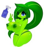  2016 big_breasts blue_eyes blush breasts digital_media_(artwork) elpatrixf eyelashes female flora_fauna food fruit green_hair green_skin hair hand_between_legs nipples not_furry pear plant prea simple_background sky smile solo spray_bottle tongue tongue_out v_sign wet white_background white_sclera wide_hips 