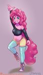  2016 anthro anthrofied belly blue_eyes clothed clothing draneas earth_pony equine female footwear friendship_is_magic hair horse legwear long_hair mammal my_little_pony navel off_shoulder patreon pink_hair pinkie_pie_(mlp) pony raised_arm simple_background slightly_chubby solo tight_clothing 