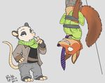  anthro barefoot bound canine crossover disney embarrassed eye_contact female fox grin housepets! jessica_(housepets!) male mammal marsupial necktie neutral_expression nick_wilde opossum rick_griffin signature unimpressed upside_down zootopia 