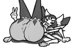  2016 anthro arachnid arthropod big_butt boss_monster butt camel_toe clothed clothing female greyscale hair jujujiru legs_up looking_at_viewer lying monochrome muffet on_back simple_background smile solo spider undertale v_sign video_games white_background 