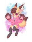  anthro brown_hair canine chibi clothing cute female fox hair hi_res hoodie legwear looking_at_viewer mammal paws pink_eyes short_hair sif smile solo stockings thick_thighs 