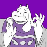  5_fingers anthro boss_monster caprine clothing eyebrows eyes_closed female fur goat horn humor just_right low_res mammal meme pacha_(the_emperor&#039;s_new_groove) purple_background reaction_image simple_background solo toriel undertale unknown_artist video_games white_fur 