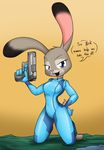  2016 anthro bed bedding blanket bodysuit buckteeth clothed clothing dialogue disney english_text female fur grey_fur gun handgun judy_hopps kneeling lagomorph long_ears looking_at_viewer mammal metroid nintendo open_mouth pistol purple_eyes rabbit ranged_weapon sandwich_anomaly simple_background skinsuit smile solo teeth text theoretical-chaos tight_clothing video_games weapon zero_suit zootopia 