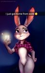  2016 anthro bottomless cellphone clothed clothing disney dragk female flashing hi_res judy_hopps lagomorph mammal phone purple_eyes rabbit raised_shirt selfie snapchat solo zootopia 