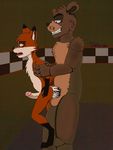  2016 anal anal_penetration animatronic anthro balls bear blue_eyes brown_fur canine cum cum_inside fan_character five_nights_at_freddy&#039;s fox foxblaster.dae freddy_(fnaf) fur hi_res machine male male/male mammal open_mouth penetration penis red_fur robot sex stage tongue video_games 