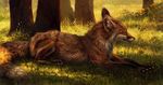  2016 ambiguous_gender black_fur brown_body brown_fur canine claws digital_media_(artwork) digital_painting_(artwork) eyes_closed feral fox fur grass hi_res kenket lying mammal on_front outside paws portrait shaded side_view solo tree white_fur 