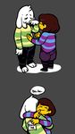  asriel_dreemurr boss_monster brown_hair child clothing crying duo english_text eyes_closed fur hair hi_res hug human long_ears male mammal mangneto monster prank protagonist_(undertale) smile speech_bubble tears text undertale video_games white_fur yellow_skin young 