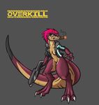  alorix bottomless breasts cigar clothed clothing dinosaur dinowhore feathers female overkill pussy scalie solo thick_tail 
