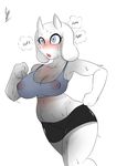  2016 anthro blush boss_monster breasts caprine clothed clothing english_text female fur goat hi_res horn inuyuru mammal navel nipples open_mouth running simple_background solo sweat text tongue toriel undertale video_games white_background white_fur 