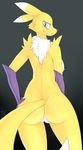  absurd_res black_background blue_eyes breasts butt digimon female hi_res looking_at_viewer looking_back pcred566 pussy renamon simple_background smile solo standing 