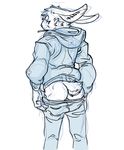  anthro backsack balls barely_visible_genitalia butt cigarette clothing guide_lines hi_res hoodie lagomorph looking_at_viewer looking_back male mammal monochrome pants pants_pull rabbit rear_view sketch smoking solo standing tzarvolver 