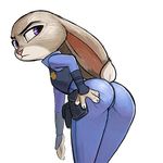  2016 anthro badge butt camel_toe clothing disney ears_down female frown fur grey_fur hand_on_butt judy_hopps lagomorph looking_at_viewer looking_back mammal pants police police_uniform presenting presenting_hindquarters purple_eyes rabbit raised_tail rear_view shirt simple_background solo uniform unknown_artist vest white_background zootopia 