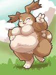  anthro big_breasts big_ears blush breasts chest_tuft cloud eyes_closed fangs female floppy_ears grass hand_on_stomach lagomorph mammal niccolo_(tanukimodoki) nikita_(tanukimodoki) obese open_mouth outside overweight overweight_female plump_labia pussy sky smile tanukimodoki thick_thighs tongue tuft unknown_species v_sign walking 