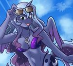  2016 anthro anthrofied beach bikini blue_skin breasts cleavage clothed clothing cloud cutie_mark equine eyewear feathered_wings feathers female friendship_is_magic hair hi_res horn long_hair looking_at_viewer mammal my_little_pony open_mouth outside princess_luna_(mlp) seaside solo summer sunglasses swimsuit winged_unicorn wings xwhitedreamsx 