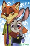  2016 canine clothed clothing cute disney dreamsnowblu duo female food fox fur green_eyes grey_fur hi_res judy_hopps lagomorph looking_at_viewer male mammal necktie nick_wilde orange_fur police_uniform popsicle purple_eyes rabbit smile uniform zootopia 