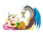  2014 alpha_channel antlers better_version_at_source black_hair blue_eyes brown_fur claws cutie_mark discord_(mlp) draconequus duo equine eye_contact feathered_wings feathers female feral fluttershy_(mlp) friendship_is_magic fur grey_fur hair hat hexfloog hi_res horn male mammal my_little_pony pegasus pink_hair red_eyes scroll simple_background smile spread_wings transparent_background wings yellow_feathers yellow_fur 