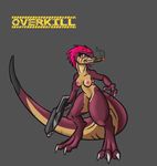  alorix breasts cigar dinosaur dinowhore feathers female gun nude overkill pussy ranged_weapon scalie scar solo thick_tail weapon 
