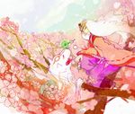  amaterasu bad_id bad_pixiv_id cherry_blossoms flower issun japanese_clothes kimono koku_666 ookami_(game) sword ushiwakamaru weapon white_hair wolf 