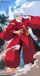  absurdres animal_ears barefoot clenched_teeth detached_sleeves highres inuyasha inuyasha_(character) japanese_clothes long_hair male_focus nakajima_rie official_art solo sword teeth weapon white_hair 