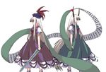  crown_(artist) dress dual_persona ex-keine hat horns kamishirasawa_keine kurousou long_hair multiple_girls red_eyes scroll sword symmetry touhou very_long_hair weapon white_hair 