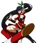  absurdres artist_request black_hair blazblue breasts china_dress chinese_clothes cleavage cleavage_cutout dress fighting_stance glasses hair_ornament hands highres lao_jiu large_breasts litchi_faye_ling long_hair official_art panda ponytail purple_eyes solo very_long_hair 