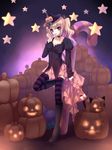  absurdres blonde_hair boots breasts candy candy_cane choker food food_as_clothes food_themed_clothes food_themed_hair_ornament fruit grapes hair_ornament halloween hands hat high_heels highres holding_lollipop jack-o'-lantern leg_lift lollipop medium_breasts nana_mikoto original pumpkin pumpkin_hair_ornament purple_eyes saliva shoes solo star striped striped_legwear swirl_lollipop thighhighs twintails witch_hat 