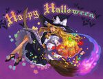  apple blonde_hair braid broom candy food fruit halloween happy_halloween hat jack-o'-lantern kirisame_marisa lollipop long_hair pumpkin solo touhou witch_hat yellow_eyes yukiusagi1983 