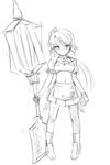  greyscale hammer looking_at_viewer midriff monochrome navel original regdic short_hair simple_background sketch skirt solo standing stomach white_background 