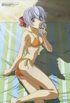  absurdres ahoge arm_support ass bangs barefoot beach beach_towel bikini blue_towel bow braid breasts cleavage clenched_hand closed_mouth collarbone crease day eyebrows_visible_through_hair from_above from_side full_metal_panic! green_towel grey_eyes hair_between_eyes hair_bow hair_over_shoulder hair_ribbon hair_tie hand_up highres holding holding_hair horiuchi_osamu kneepits light_rays light_smile looking_to_the_side medium_breasts medium_hair navel official_art outdoors reclining red_bow ribbon scan shade shadow shiny shiny_hair side-tie_bikini sideboob silver_hair single_braid smile solo striped striped_towel sunbeam sunlight swimsuit teletha_testarossa towel 