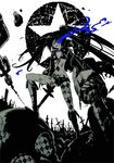  acm arm_cannon belt bikini_top black_hair black_rock_shooter black_rock_shooter_(character) boots burning_eye chain checkered coat cross flat_chest greyscale huge_weapon long_hair midriff monochrome navel scar shorts skull smile solo spot_color sword twintails weapon 