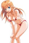  :d absurdres bikini blue_eyes breasts cleavage ganari_ryuu hand_on_own_knee highres large_breasts leaning_forward long_hair looking_at_viewer navel open_mouth orange_hair original smile solo strap_gap swimsuit 