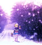  alice_margatroid an2a blue_eyes book boots bow brown_hair capelet doll dress forest from_behind hair_bow hat highres nature pantyhose photo_background ribbon road snow solo touhou white_legwear 